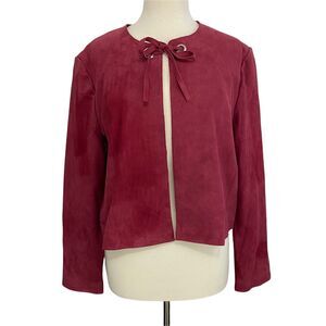 J. Peterman Womens Size 14 Leather Suede Tie Neck Blazer Jacket Rouge Pink